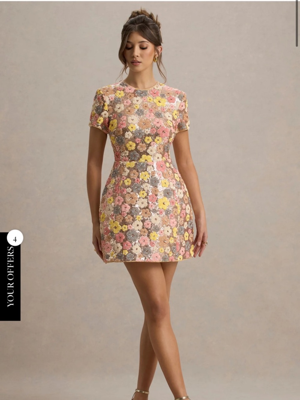 Club L London Floral Embellished Mini Dress in Pink, Yellow and Cream